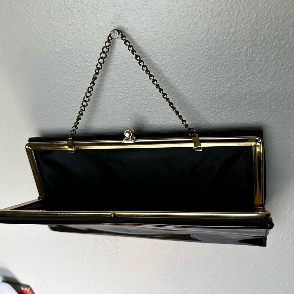 Vintage Black Patent Leather Baguette Clutch